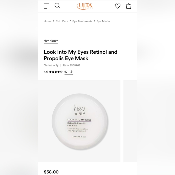 Hey Honey Look Into My Eyes Retinol & Propolis Eye Mask Full Size NWT - Picture 2 of 5